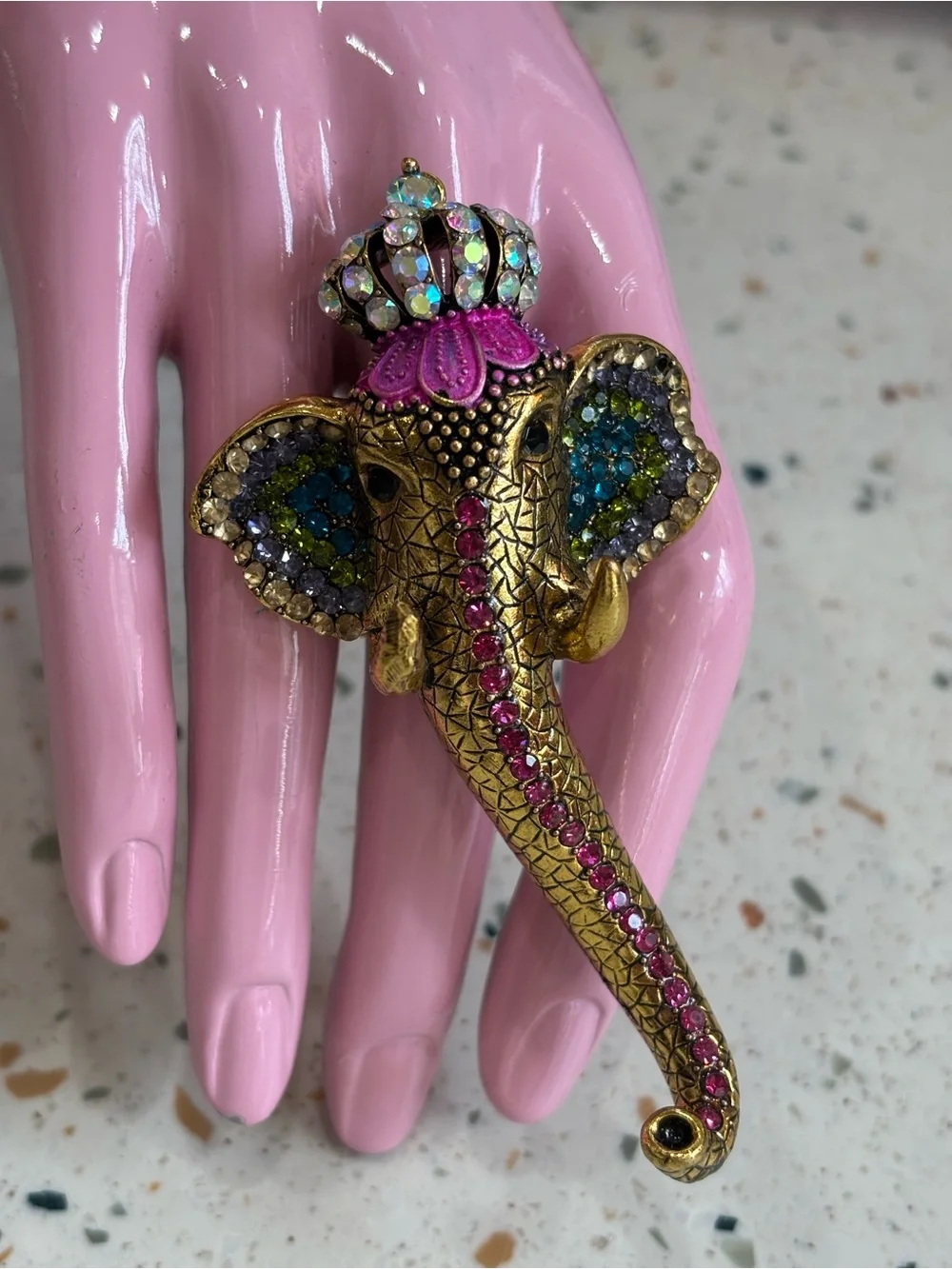 Chunky Large Jeweled Elephant Trunk Ring - Gold with Crystals Costume Jewelry